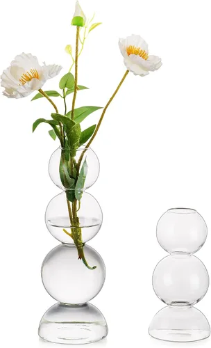 Vista 11 de Jarrones de Burbujas de Vidrio para Flores, Hewory 2 piezas Jarrones Únicos Azules Lindos para Flores Individuales para Centros de Mesa, Jarrón