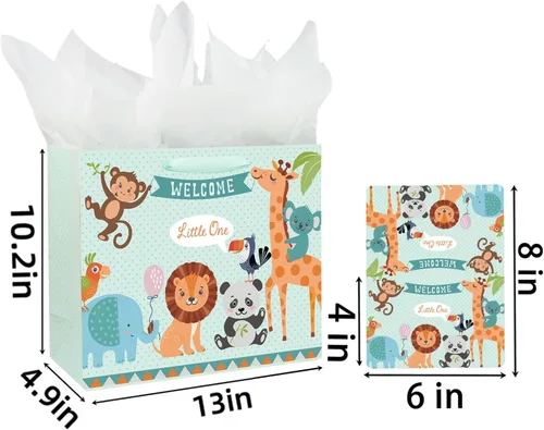 Vista 2 de Laidans Bolsa de regalo grande de 13" para bebé niño o niña para baby shower con papel de seda y tarjeta de felicitación (Azul)