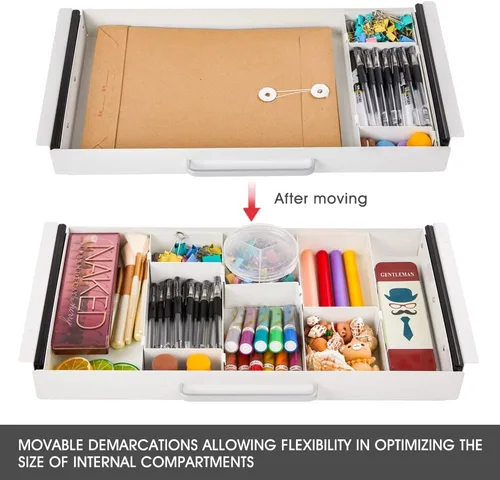 Vista 3 de Cajón de lápices deslizable de gran tamaño para debajo del escritorio, color blanco, con diseño de divisor de espacio ajustable para almacenar