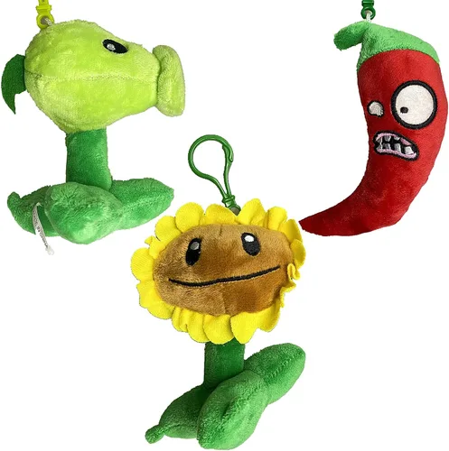 Vista 5 de Juego de 3 llaveros de peluche de plantas de PVZ, juguetes de peluche de PVZ suave, figura de girasol, guisante verde, colgante de pimiento rojo