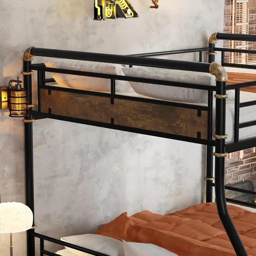 Vista 6 de KEIKI Litera desmontable de metal tamaño matrimonial XL con escaleras, cabecera de MDF y barandilla, literas modernas con listones sólidos,