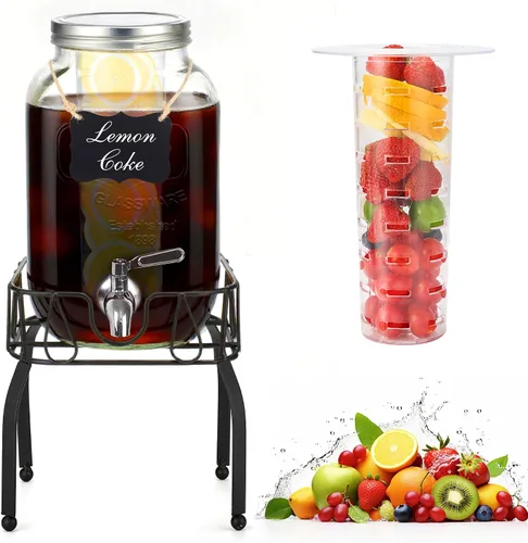 Vista 8 de Dispensadores de bebidas de vidrio de 1 galón para fiestas, paquete de 2 dispensadores de bebidas con soporte, cilindro de hielo y espita de acero