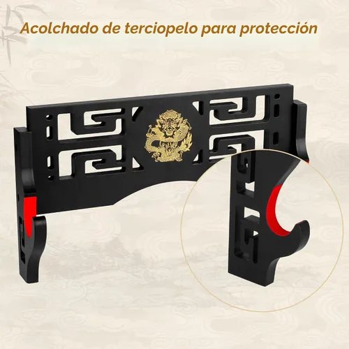 Vista 4 de Alyoen Soporte de pared Katana para espada Samurai con gancho acolchado de terciopelo y patrón de dragón, soporte de espada para sable de luz