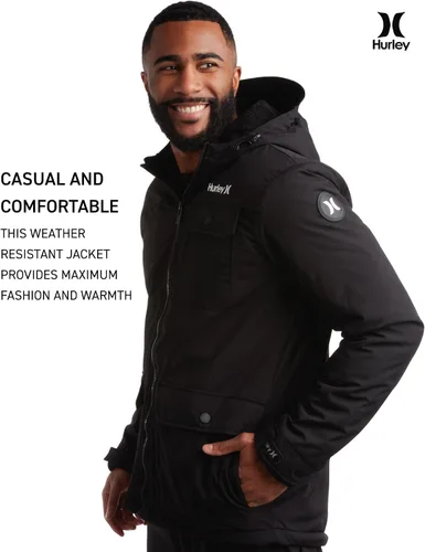 Vista 4 de Hurley Chaqueta de Invierno para Hombre - Parka Cálida con Cremallera y Capucha, Forrada de Sherpa, con Múltiples Bolsillos (Tallas S-XL)