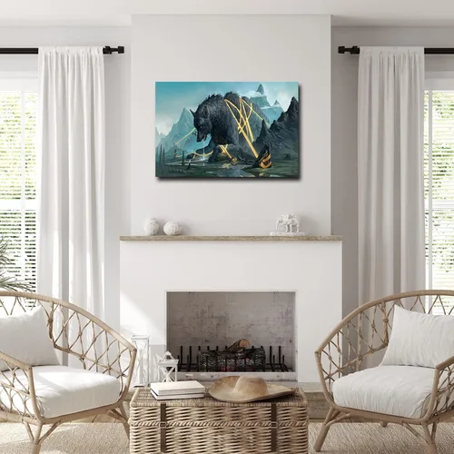 Vista 5 de Pintura artística de lobo nórdico Fenrir para pared, decoración estética contemporánea, impresiones en lienzo giclée, decoración de pared para sala
