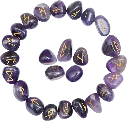 Vista 8 de Crocon Juego de 25 piedras preciosas de amatista con alfabeto de Futhark de saúco, símbolo grabado, juego de 25 piezas para Feng Shui, equilibrio
