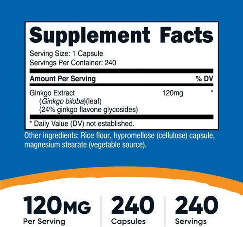 Vista 2 de Envase de 0.0042 onzas con 240 cápsulas de Ginkgo Biloba marca Nutricost., 1 botella, 1