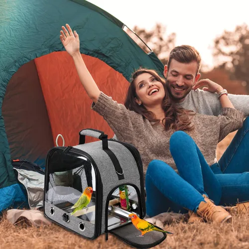 Vista 6 de Bolsa transportadora de pájaros jaula de viaje para pájaros con soporte, transportador de pájaros pequeño para loro, bolsa de viaje portátil