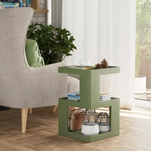 Vista 6 de COZAYH Mesa auxiliar de madera geométrica de granja, mesa auxiliar envejecida con dos espacios de almacenamiento, diseño de cubo de 3 capas