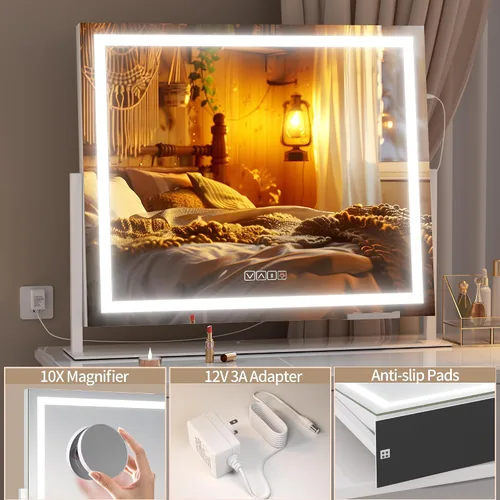 Vista 6 de Hasipu Espejo de tocador con luces y altavoz Bluetooth, espejo de maquillaje LED de 24 x 20 pulgadas, espejo iluminado con aumento de 10X, puerto