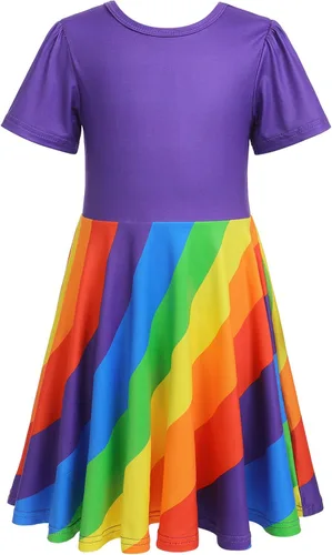 Vista 3 de Vestido de manga corta para niña, vestido de fiesta con vuelo de arco iris, vestido de verano acampanado, casual, vestido de patinadora