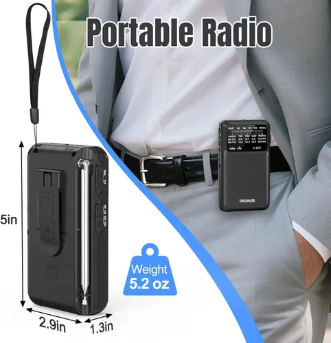Vista 3 de PRUNUS J-211 - Radio portátil AM FM con carga USB C y operada por baterías AA, radio de transistor, fuerte recepción y altavoz claro, conector