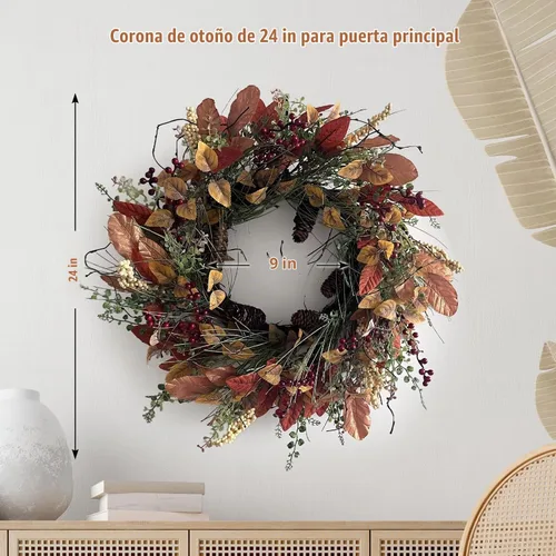 Vista 2 de Corona de otoño para puerta delantera, 24 pulgadas, hojas anchas rojas artificiales Baya Borgoña