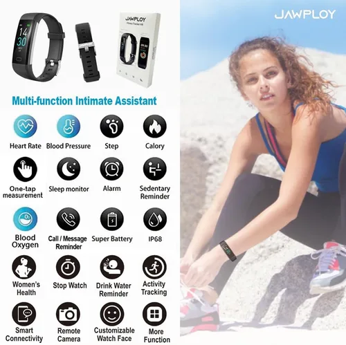 Vista 3 de Jawploy Rastreador de actividad física con monitor de frecuencia cardíaca, contador de pasos/calorías, monitor de sueño, reloj inteligente, IP68
