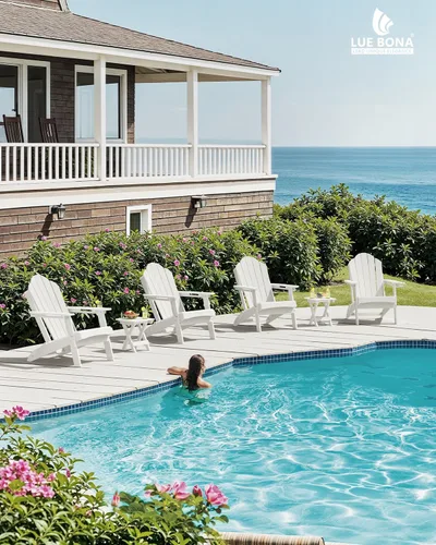 Vista 6 de LUE BONA Silla Adirondack plegable, juego de 2, portavasos, grano de madera, hoguera, patio, piscina, color blanco All-weather Use, Woodgrain
