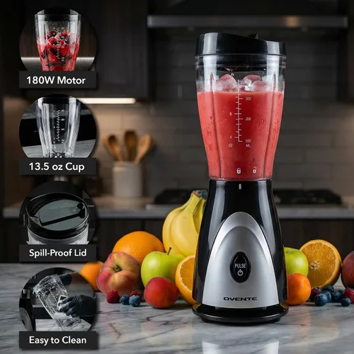 Vista 2 de OVENTE Licuadora personal portátil para batidos, batidos o bebidas congeladas con taza y tapa de viaje sin BPA de 13.5 onzas, cuchillas de acero