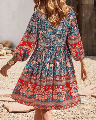 Vista 4 de BTFBM - Vestidos casuales de primavera y verano para mujer, cuello en V, manga larga 34, con volantes, floral, estilo bohemio, mini vestido de playa
