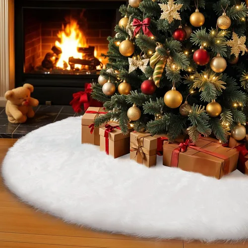 Vista 8 de AerWo Falda de árbol de Navidad de 60 pulgadas, falda blanca de felpa para árbol de Navidad, decoración de alta gama, suave, clásica, esponjosa