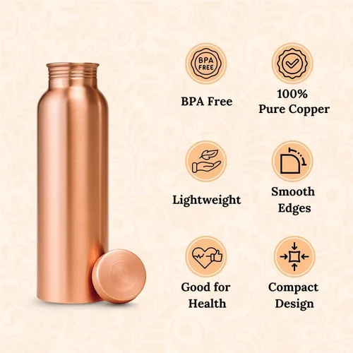 Vista 5 de Botella de agua de cobre puro de 32 onzas a prueba de fugas, recipiente con diseño ayurveda para la salud, para deporte, fitness, yoga