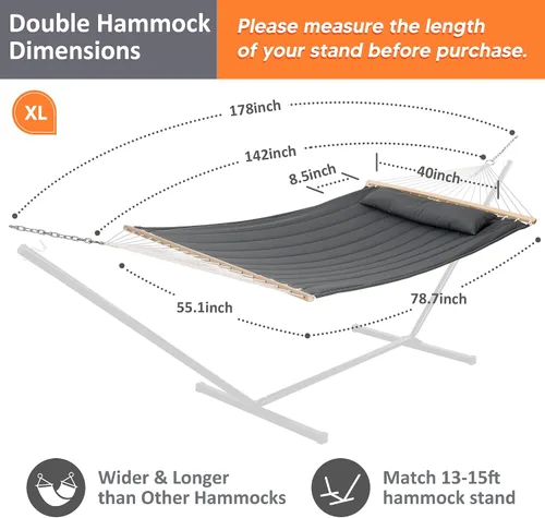 Vista 4 de SUNCREAT - Hamaca resistente para colgar en árboles, capacidad de 475 lb, hamaca para dos personas con almohada grande y suave, ganchos para Gris