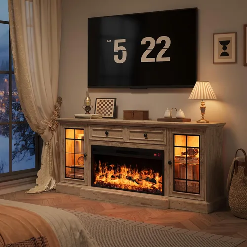 Vista 5 de Soporte de TV con chimenea de hasta 80" TVs, centro de entretenimiento moderno de 70" con chimenea eléctrica de 36" y luces LED, consola multimedia