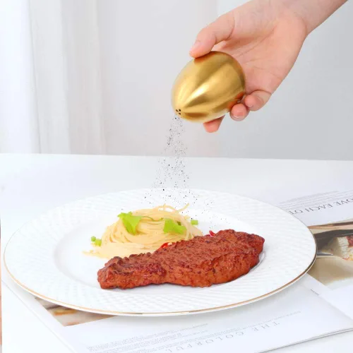 Vista 7 de Juego de 2 pimenteros dorados con forma de huevo de acero inoxidable para utensilios de cocina y hogar, cómodo y ergonómico