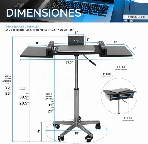 Vista 3 de Techni Mobili RTA-B006-GPH06 - Soporte para laptop con altura ajustable, paneles plegables con almacenamiento, ruedas giratorias que no dejan