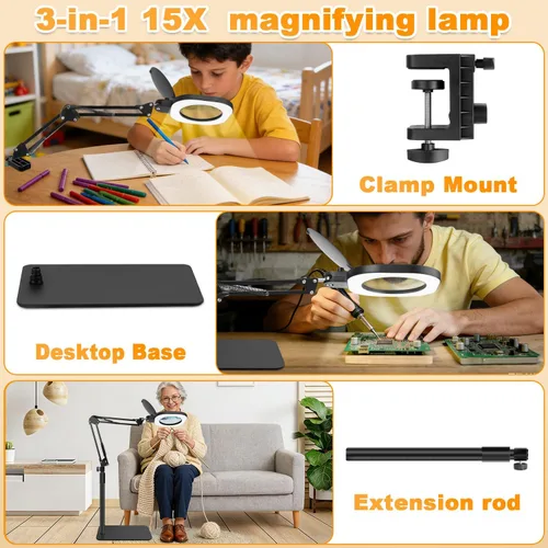 Vista 2 de Lupa 15X con luz y soporte, lámpara de aumento 3 en 1, lupa con iluminación LED de atenuación continua, lupas iluminadas para trabajo cercano