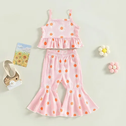 Vista 6 de Conjunto de 2 piezas de ropa para bebé niña, floral, sin mangas, pantalones acampanados, conjunto de 2 piezas de verano