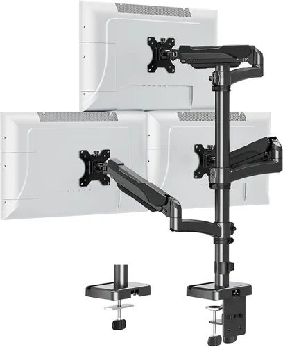 Vista 8 de Soporte de escritorio triple para monitor, montaje de escritorio para tres pantallas de hasta 32 pulgadas, brazo de monitor apilable para 3