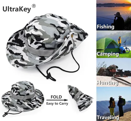 Vista 2 de Sombrero de protección solar de ala ancha para exteriores clásico estilo militar de combate de EE UU gorra de sol para pesca caza campamento