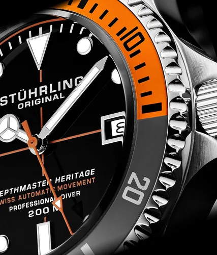 Vista 6 de Stuhrling Original Mens Swiss Automatic Stainless Steel Professional DEPTHMASTER Dive Watch 200 Meters Water Resistant Brushed and Beveled Bracelet
