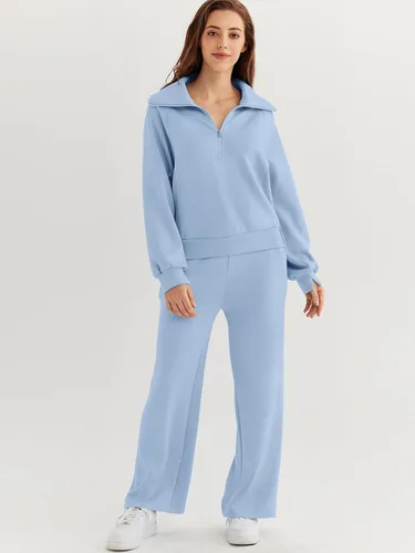 Vista 2 de AUTOMET Conjunto deportivo de 2 piezas para mujer, ropa de descanso, con cremallera de un cuarto, sudadera con pantalones de pierna ancha