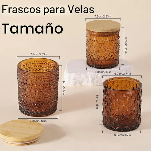 Vista 2 de DARJEN Paquete de 12 tarros de vela de ámbar para hacer velas - 3 estilos de tarros de vidrio para hacer velas a granel con tapas de bambú