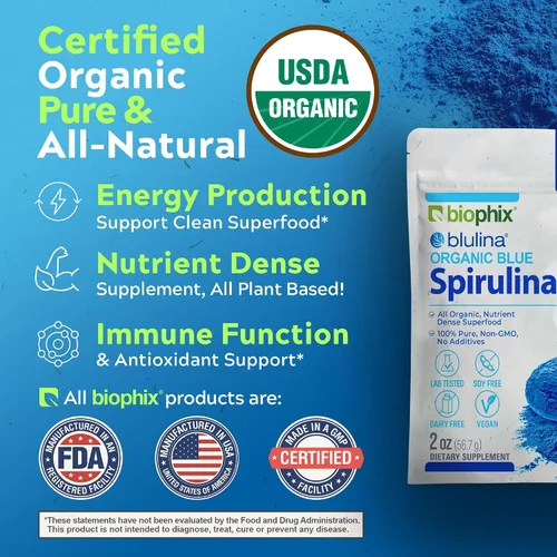 Vista 2 de biophix Blue Spirulina en polvo orgánico Blulina 2 onzas – Algas espirulina orgánica en polvo 56 porciones – Suplemento superalimenticio – Pigmento