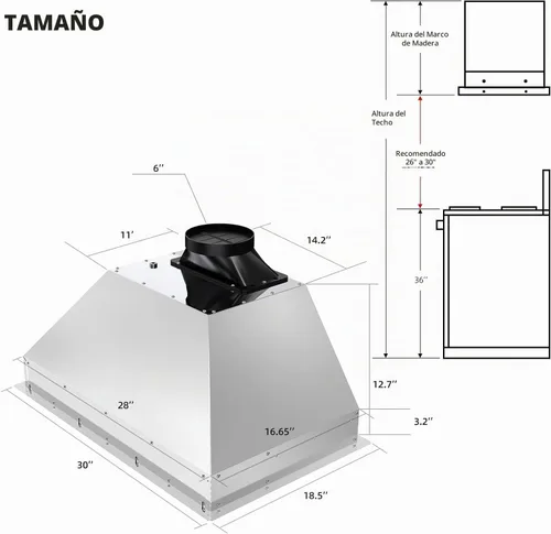 Vista 7 de BRANO Campana extractora de inserción, campana de ventilación de cocina integrada de 900 CFM con control de voz, gestos y táctil, ventilador