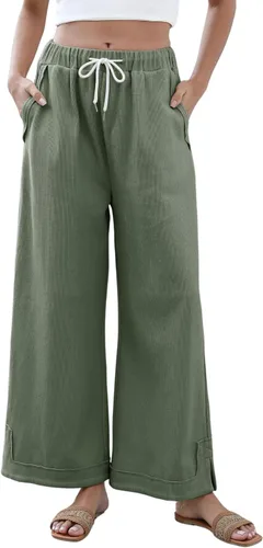 Vista 12 de Athlisan Pantalones Palazzo Holgados de Pierna Ancha para Mujer Casuales Sueltos con Cordón Cintura Elástica Pantalones de Descanso con Bolsillos