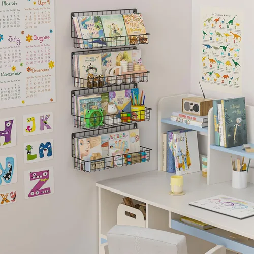 Vista 4 de X-cosrack Paquete de 4 estanterías de metal montadas en la pared, estantes flotantes para libros para niños, guardería, aula infantil, organizador
