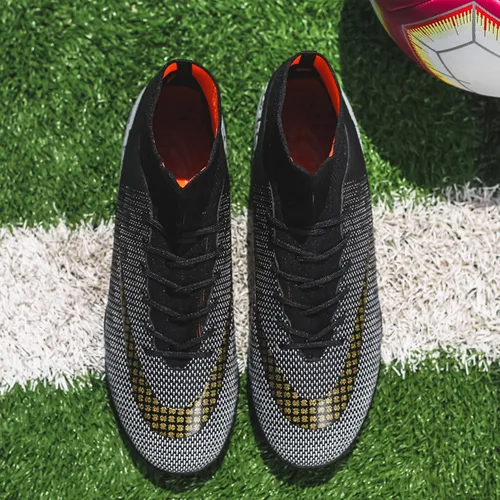 Vista 4 de Botas de fútbol para hombre con tacos altos con cordones, para interiores, firmes, para entrenamiento de césped y fútbol sala
