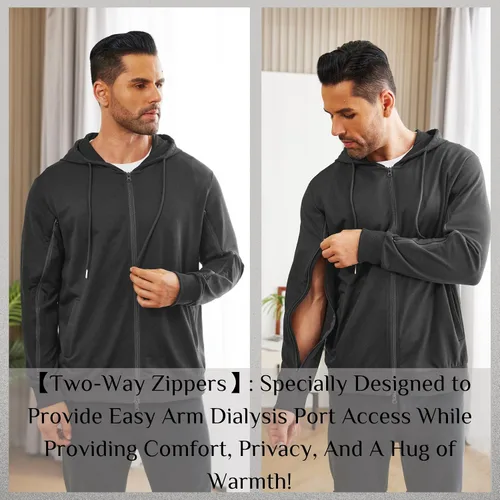 Vista 4 de Deyeek Sudaderas de diálisis con cremallera en el brazo, sudaderas con capucha y cremallera completa, chaqueta ligera de algodón de hemodiálisis