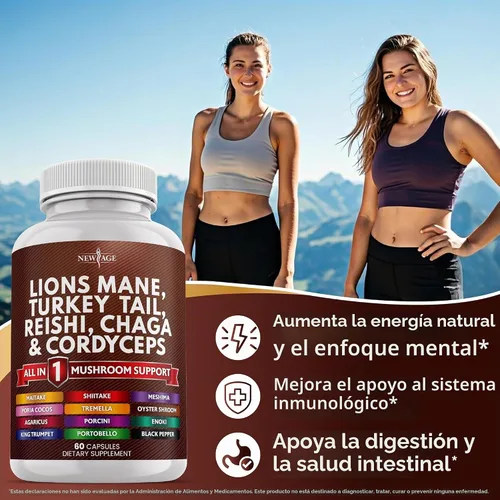 Vista 3 de NEW AGE Lions Mane 3000mg Suplemento de hongo 20 en 1 con cola de pavo 2000 mg Reishi 1000 mg Cordyceps Chaga 1000 mg con raíz de malvavisco 60