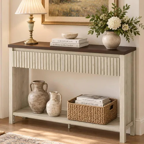 Vista 10 de BON AUGURE Mesa consola de madera para entrada, mesa de entrada de 47 pulgadas con almacenamiento, mesas de sofá estrechas con cajones, modernas