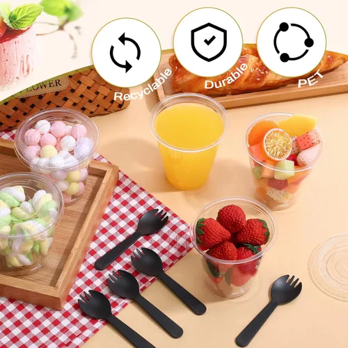 Vista 2 de Paquete de 200 Vasos de Plástico Transparente de 12 oz para Postre Yogur Parfait Pudín de Plátano Tazas Desechables PET con 200 Piezas Cucharas