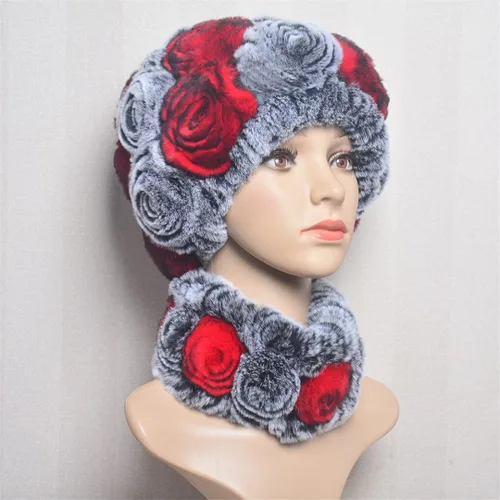 Vista 6 de Conjunto de sombreros de invierno para mujer, gorro de piel elástica, gorro de bufanda para mujer, sombrero de flores de rosa, suave, resistente al