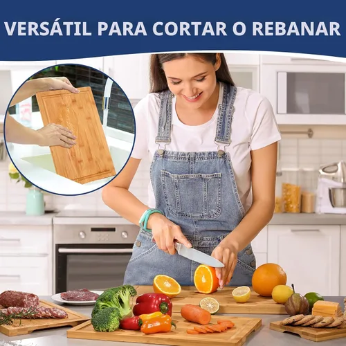 Vista 6 de Hiware Tabla de cortar de bambú de 3 piezas para cocina, tabla de cortar de bambú resistente con ranura para jugo, juego de tablas de cortar