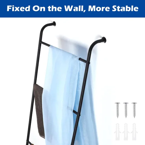 Vista 3 de Escalera para Mantas Soporte Decorativo Portador de Toallas para Baño, Soporte de Metal Apoyado en Pared para Secar Colchas para Sala de Estar