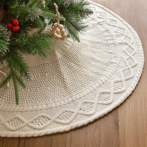 Vista 9 de Falda de Árbol de Navidad de 36 Pulgadas: Falda de Árbol de Lápiz para Árbol de 6 Pies, Falda de Árbol Tejida en Trenzado de Canasta Crema Blanca