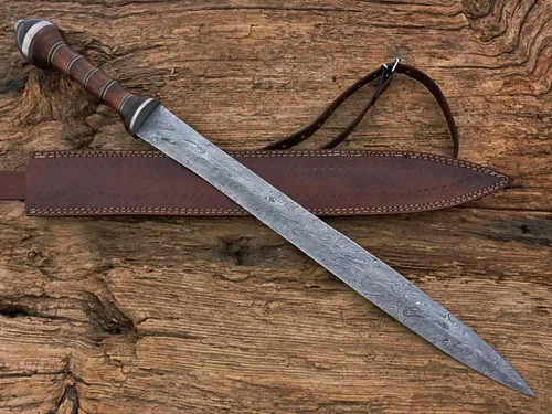 Vista 5 de Espada de gladiador de acero de Damasco/Espada de Gladius romana hecha a mano con funda de cuero.