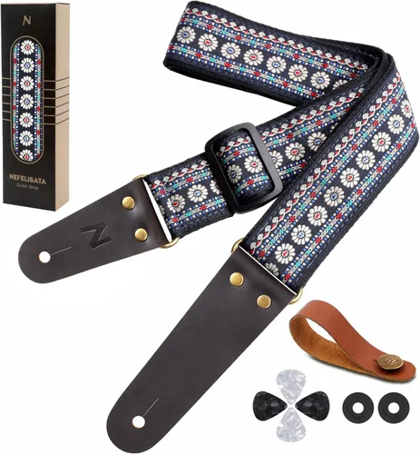 Vista 30 de Nefelibata Correa de guitarra, correas de guitarra de algodón bordadas con extremos de cuero de vaca para bajo, guitarras eléctricas y acústicas