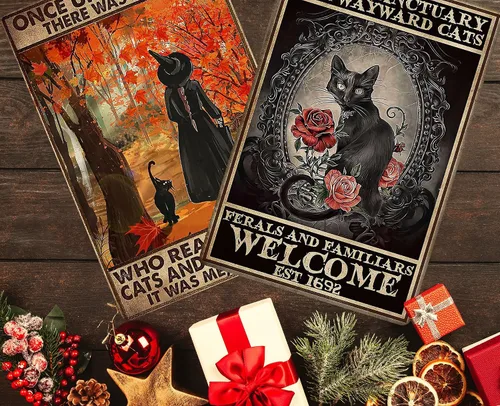 Vista 3 de PAIION Letrero de gato de bruja negra Once Upon A Time There was a girl who really Loved Cats Halloween vintage metal letreros de baño dormitorio